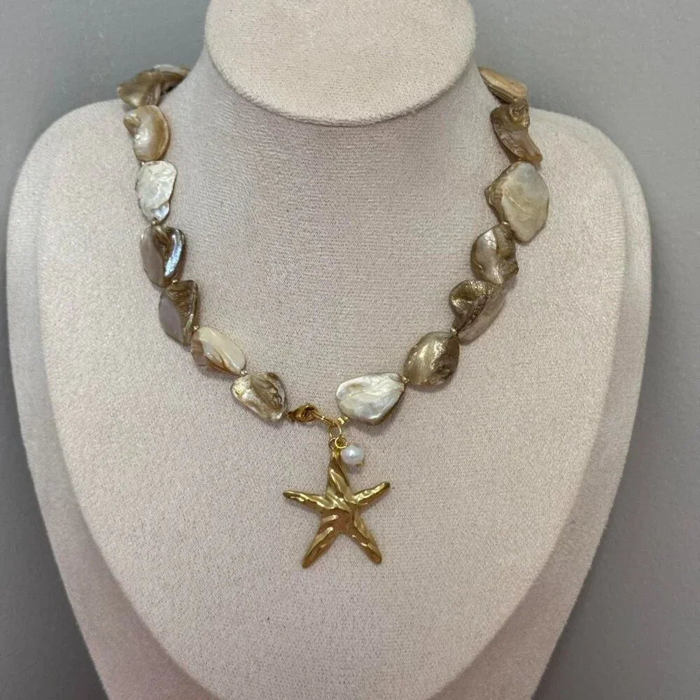 Sku:0178 vintage vibe necklace a gold pendant starfish natural cream pearl stone - Picture 5 of 5